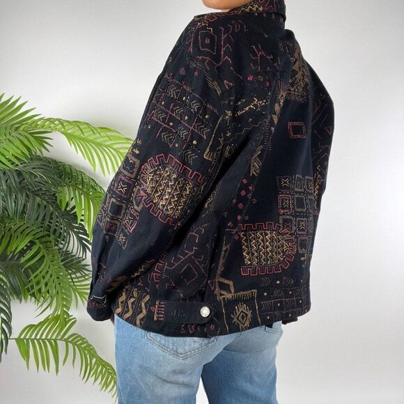 Women's Vintage 90s Grunge Indie Black Bohemian Aztec Denim Jacket / Size: 2 - Picture 2 of 5